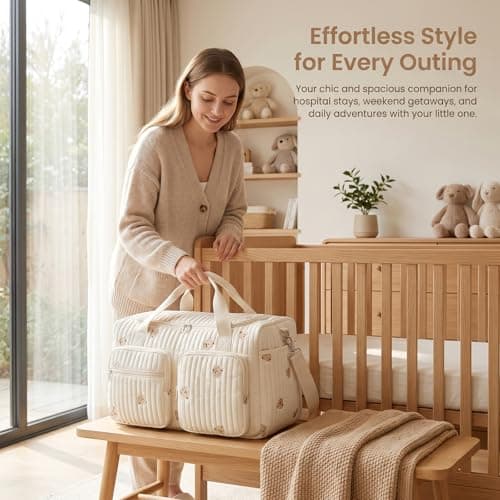 Quilted Duffle Bag for Women, Cotton Canvas Travel Duffel & Hospital Bag, Large Weekend Bag Maternity Nappy Bag, Carry On Holdall for Travel, Gym, Overnight Stays, Underseat Flight Bag - Bear Pattern — view 4
