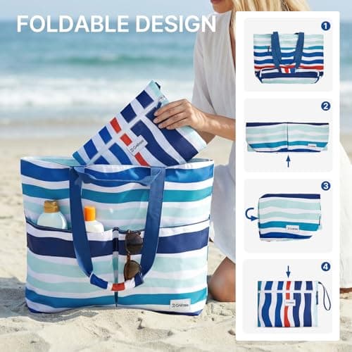 G4Free Foldable Beach Bags for Women, Sandproof Waterproof Beach Tote Bags with Double Handle, Lightweight Compartment Pool Travel, Blocked Ripples — view 6