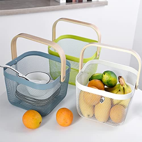 Metal Basket Storage Organizer, Multi-functional Basket with Bamboo Handle for Home Kitchen Picnic Shopping Decoration (Pink) — view 5