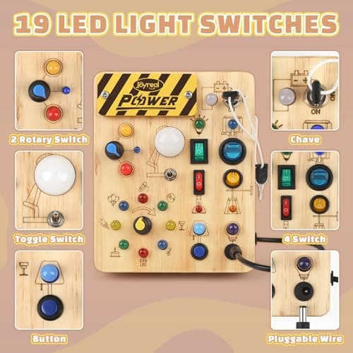 Joyreal Montessori Busy Board 2 Year Old, Wooden Fidget Sensory Toy for Toddlers, Activity Board with 19 LED Lights, Educational Travel Toy for Boys Girls 2 3 4 Year Old — view 2