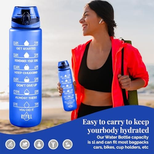 Active 100 Water Bottle 1L Sports Water Bottle with Motivational Time Marker, Dishwasher Safe Leak-proof Drink Bottle BPA Free Non-Toxic for Running,cycling, Gym, School & Office (Blue) — view 6