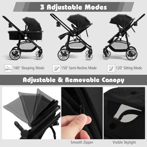 COSTWAY 2 in 1 Baby Pushchair, Foldable Travel System Pram with Reversible Seat, Adjustable Canopy, Storage Basket, Cup Holder, Lightweight Infant Stroller for 0-36 Months (Black) — view 3
