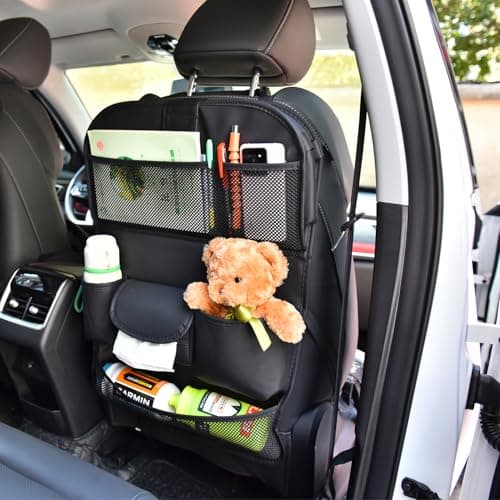 VEHIRIE Car Back Seat Organiser with Foldable Table Tray – Premium Leather Kick Mat for Kids, Multifunctional Travel Tray with Toy Pockets, Seat Back Protector & Tablet Holder – Black — view 3