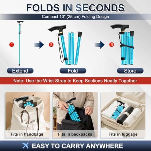 supregear Walking Stick - Adjustable Folding Walking Sticks for Women and Men - Lightweight Portable Collapsible Balancing Aid - Foldable Travel Cane for Ladies Elderly Adults, Blue — view 4