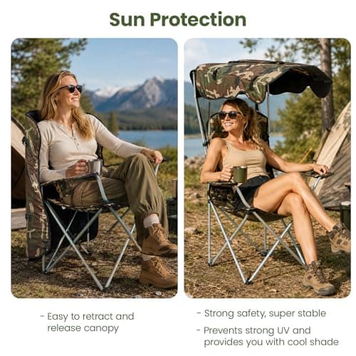 GoDyna Portable Camping Chair with Canopy Shade Folding Outdoor Chair with Cup Holder Heavy Duty Waterproof Beach Fishing Lawn Chair for Camping Picnic Garden Patio Support 175kg (Camouflage) — view 5