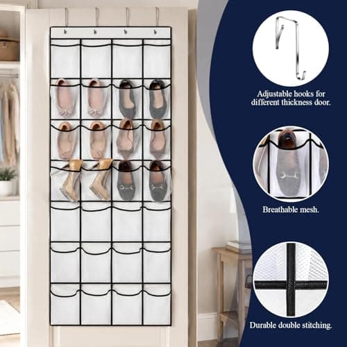 EVTHUR Over Door Shoe Storage Organiser 28 Large Mesh Pockets Hanging Shoe Rack Holder with 4 Hooks, Back of Wardrobe Door Storage Tidy for Shoes & Small Items (White) — view 3