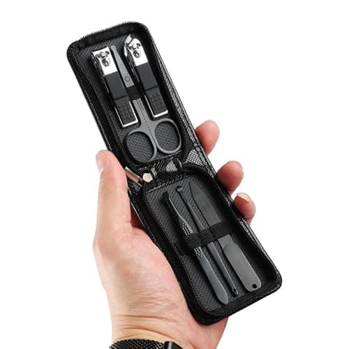 Men's Manicure Set of 6, High-Carbon Steel, Nail Clippers, Round-tip Vibrissa Scissors, Nail File, Earpick, Black Travel Case