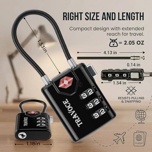 Search Alert TSA Approved Travel Combination Luggage Cable Locks for Suitcase, Gym Locker,Toolbox,Backpack 1,2,4,6 &10 pk, Black 4 Pack, ONE_Size — view 6