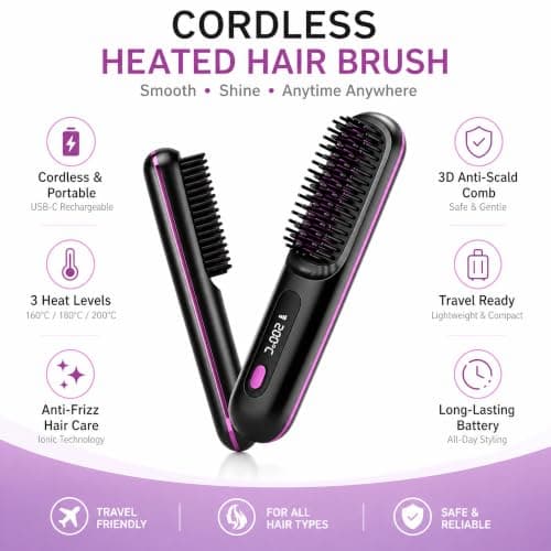 Cordless Hair Straightener Brush,3 Heat Settings 160-200°C with LED Display, MCH Ceramic Heating Anti-Scald Design, Dual Voltage Travel Hair Styling Tool for All Hair Types — view 3
