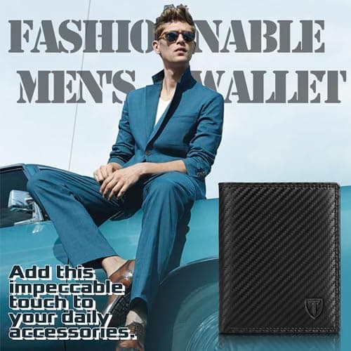 TEEHON® Wallets RFID Blocking Carbon Fibre Leather Mens Wallets with Zip Coin Pocket, 11 Card Holders, 2 ID Windows, 2 Banknote Compartments, Trifold Vertical, Black Orange — view 4