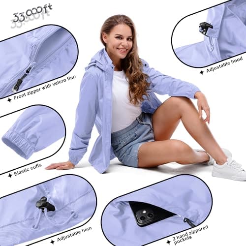 33,000ft Women's Lightweight Rain Jackets Hooded Breathable Packable Running Raincoats Active Trench Windbreaker with Hideaway Hood for Cycling Hiking (Light Purple-M/UK 12) — view 6