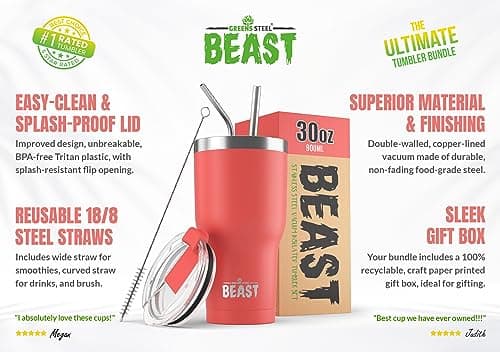 Beast Tumbler - 900 ml (30 oz), Coral Pink | Reusable Stainless Steel, Vacuum Insulated Cup | with + 2 Straws & Cleaning Brush | Double Wall Travel Flask Perfect for Hot or Iced Coffee | BPA Free — view 2