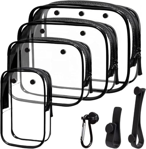 FFpaw 7 Packs Clear Beach Tote Bag Accessories Insert Hooks Phone Holder for Beach Bags Travel Makeup Clean Toiletry Brush Organizer Divider Storage Inner Compatible Pouch Cosmetic Bag, Black, Mini