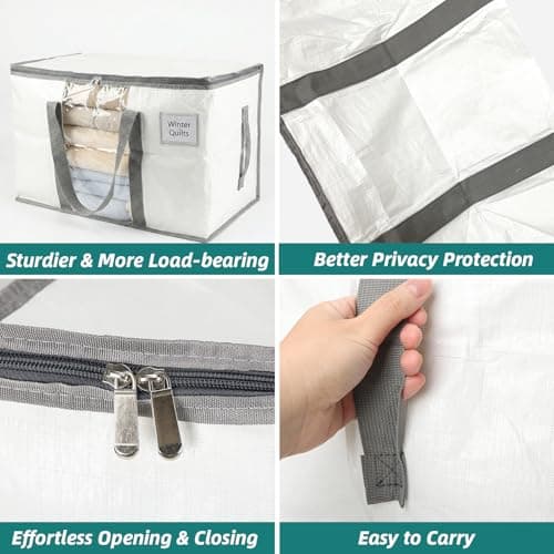 RLAVBL 90L Storage Bags with Zips 4 Pack, Heavy Duty Large Moving Bags with Handles and Label Pocket, Clear Window Packing Laundry Bags for Clothes, Blankets and Bedding, Grey and White — view 3