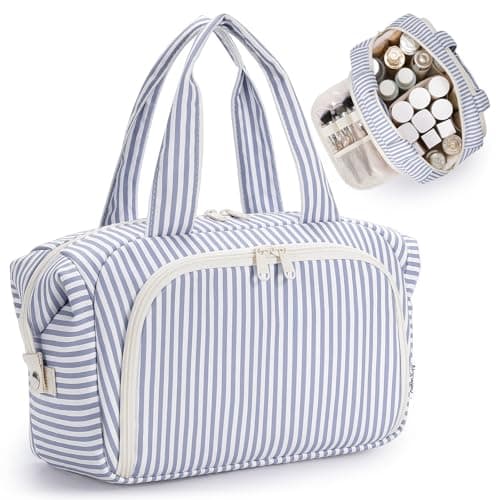 Narwey Large Toiletry Bag, Travel Toiletries Bags for Women, Wash Bag Women, Wide Open Makeup Bag with Brush Compartments, Make Up Organizer with Wet Pockets for Essentials (Grayish Blue Stripe)