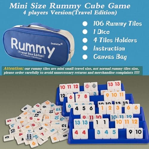 Doublefan Mini Rummy Set,Travel Size Rummy Game with Durable Travel Canvas Bag, Classical Rummy Cube Game for Adult and Kids,106 Tiles, 4 Playing Rack, 1 Dice (2-4 Players) — view 3