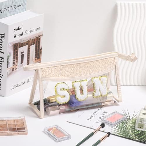 Etercycle Boho Patch Makeup Bag, Clear PVC Travel Toiletry Bag Waterproof Beach Bags for Women, Small Chenille Letter Bag with Zipper for Beach Travel Essentials (Sun) — view 5