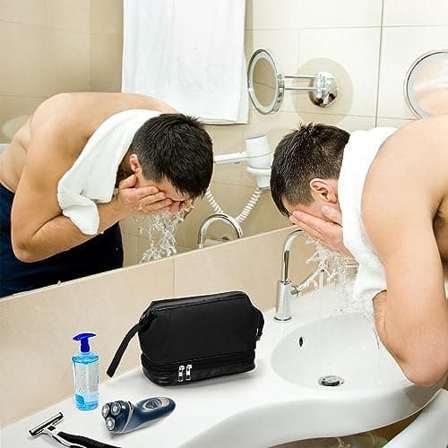 Goaste 2 Pack Toiletry Bag for Men, Hanging Travel Organizer Dopp Kit, Water Resistant Shaving Bag with Large Capacity, Double Space Storage Shower Bag with Divider for Traveling, Sports, Black, Grey, — view 6