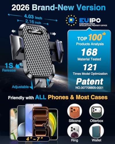 VANMASS [2026 True Military-Grade Best Car Phone Holder [Upgraded Suction & Clip] Rotatable Universal Mobile Phone Mount Dashboard Windscreen Vent for iPhone 17 Pro Max 16 15 14 Samsung, Dark Black — view 5
