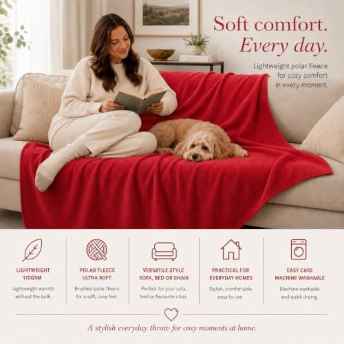 Adore Home Soft Warm Polar Fleece Blanket Large - Cosy Throw for Sofa, Bed, Travel, Car and Camping, 120x150cm, Red — view 4