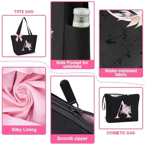 Vavabox A-Z Initial Personalized Tote Bag, Waterproof Gifts for Women, Bridesmaids, Mom, Teachers, Friends (03-Black Set, M) — view 5