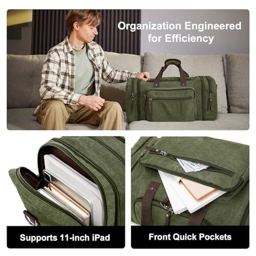 EKOROMIER 55L Canvas Travel Duffel Bag for Men – Expandable Weekender Holdall – Cabin Size Overnight Bag for Gym, Carry-On or Short Trips – Olive — view 5