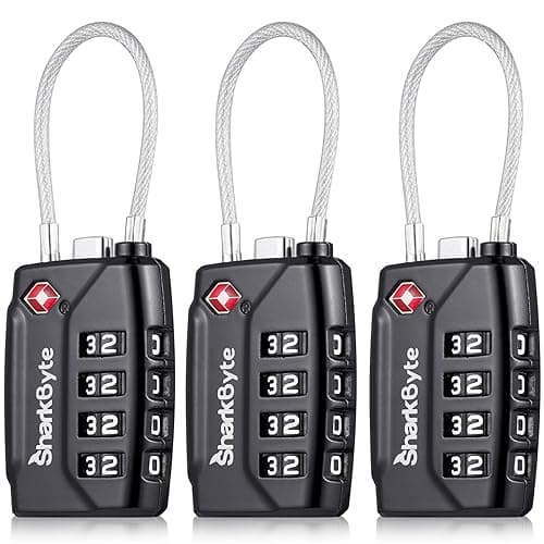 SharkByte TSA Suitcase Locks - 4-Dial Security Travel Combination Padlock, Flexible Cable Wire Travel Lock for Suitcases Luggage Case Travel Bag Gym Locker Code Small Padlock (Pack of 3)