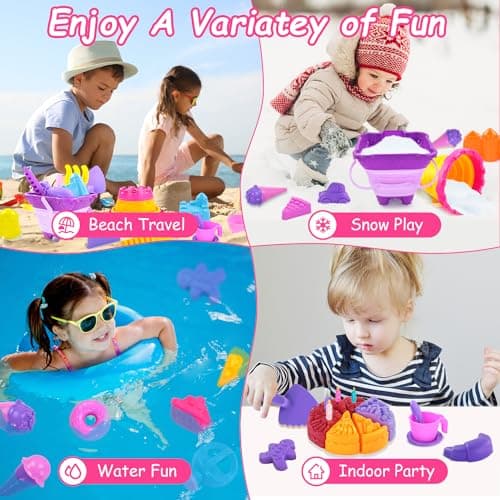 Elovien Beach Sand Toys, 50Pcs Sandpit Toys with 2 Collapsible Buckets and Spade, Mesh Backpack Bag, Ice Cream, Cake & Castle Sand Molds, Summer Outdoor Travel Toys for Kids Toddlers Girls — view 5