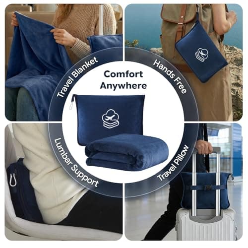 JAJALUYA Travel Blanket, Soft 2-in-1 Airplane Blanket, 65x40 Inches, Travel Essentials Car Blanket with Luggage Sleeve & Backpack Clip (Navy Blue) — view 3