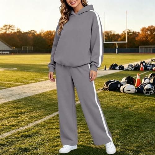 Womens Grey 2 Piece Outfit Pullover Hoodie and Wide Leg Trousers — view 5