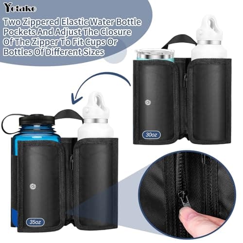 Yotako Suitcase Cup Holder, Portable Travel Cup Holder with Handle, Foldable, Black, Faux Leather, Holds Two Coffee Mugs & 3 Zippered Pockets for Beverages & Valuables, Airport Travel Accessory — view 4