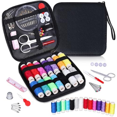 Sewing Kit, Travel Basic Sewing Set with Leather Case 14 Threads and Needles kit Accessories for Adults, DIY,Home, Travel & Emergency Compact Small Black