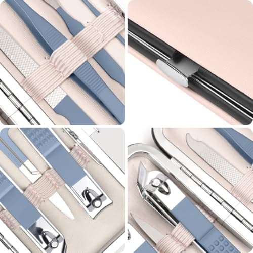 URAQT Professional Manicure Set, 7 pcs Portable Nail Clippers & Eyebrow Grooming Kit, Stainless Steel Nail Care Tools with Luxurious Leather Case for Travel & Home（Blue） — view 3