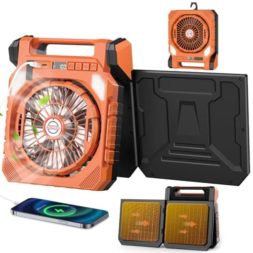 Astarama Solar Camping Fan with 2 Solar Panels,20000mAh Rechargeable Battery,LED Light,Shaking Head,Digital Display,Flashlight,Timer,4 Speeds. Portable Fan for Travel Outdoor Camping Gadgets (Orange)