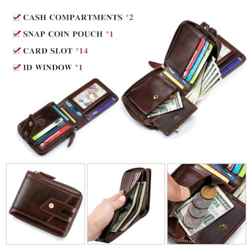 SCHLATUM Zipper Wallet for Men Large Capacity RFID Blocking Genuine Leather Vintage Wallet with Coin Pocket ID Window, Coffee, 4.7 x 3.5 x 1.2 inches, Retro — view 4