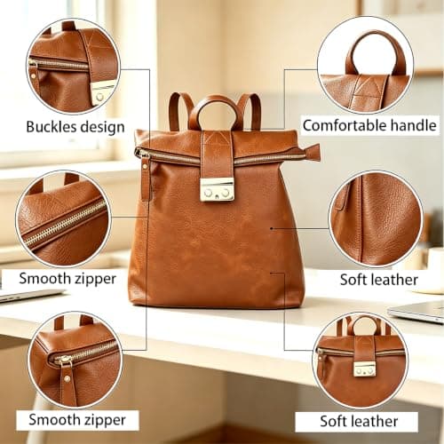 LA DEARCHUU Leather Rucksack Women Men, Brown Leather Backpack Handbags Multi-Pocket Durable Comfortable Flap Over Travel Soft Daily Backpack Daypack with Snap Closure — view 4