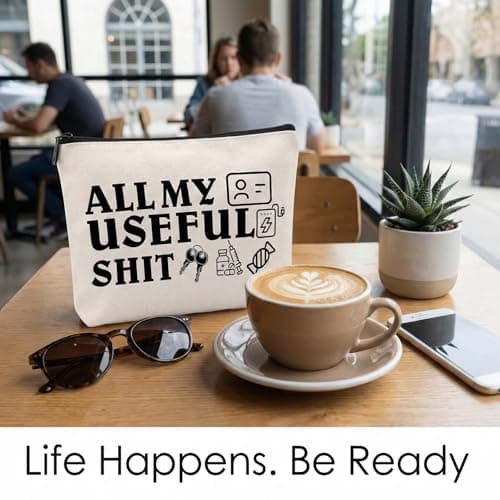 Large Cream Canvas Makeup & Toiletry Bag for Travel and Commuting - Spacious Zipper Pouch for Cosmetics, Electronics, Snacks, Chargers, and Essential Storage with Humorous Design All My Useful Shit — view 4