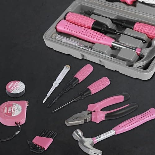 Pink Tool Kit—13Pcs Household DIY Hand Tool Set Multi-Purpose Home Repair Tool Box Include Hammer Allen Key Set Electrical Tape Screwdriver Test Pen Plier Bits (13pcs) — view 5