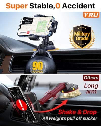 YRU 2026 BEST Car Phone Holder Mount 【Military-Grade Anti-Shake & 360° Rotatable Suction】【90+LBS Safest Strongest & Patent Certs 】 Windscreen Dashboard Vent for iPhone 17 Pro Max 16 15 Samsung, Black — view 4