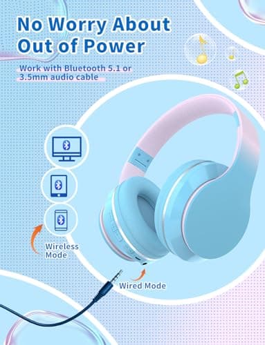 Bluetooth Kids Headphones,Wireless Kids Headphones Over Ear with Microphones,Stereo Sound ,10H Playtime,Foldable&Adjustable Children Headphones,Bluetooth 5.1 Headset for Adults School Travel (Blue) — view 2