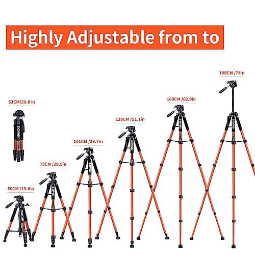 ZOMEI 188cm/74" Aluminum Extra-high Lightweight Travel Camera Tripod Orange — view 3
