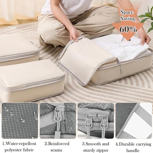 Compression Packing Cubes, 7-Piece Set - Waterproof Travel Organiser Bags for Clothes,Cosmetics, Shoes & Toiletries, Space-Saving Luggage Packing Essentials for Suitcases & Backpacks (Grey) — view 3