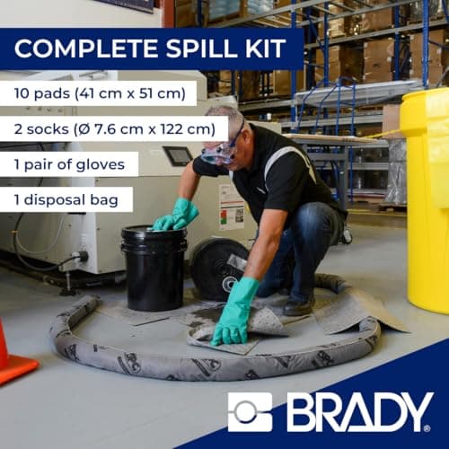 SPC® by Brady Universal Spill Kit – Anti-Pollution Kit - Portable Kit for Small Spills, Absorbs Oils, Water, Solvents & Coolants, Includes 10 Absorbent Pads, 2 Socks, Gloves & Disposal Bag — view 4