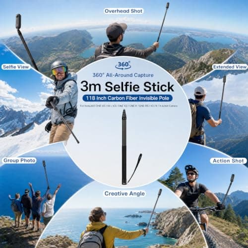 3m Selfie Stick 118 Inch Carbon Fiber Invisible Ultra Long Extension Pole for Insta360 ONE X5 X4 X 3 ONE X2 ONE R ONE RS X3 R X Action Camera (Black) — view 5