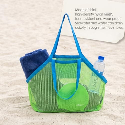 Large Mesh Beach Bag,Beach Toy Bag for Kids,Mesh Beach Bags,Foldable Toys Net Tote Bags Waterproof Lightweight for Sand Storage for Wet Towels Swim Pool Travel Essentials Accessories (40x24x38 cm) — view 5