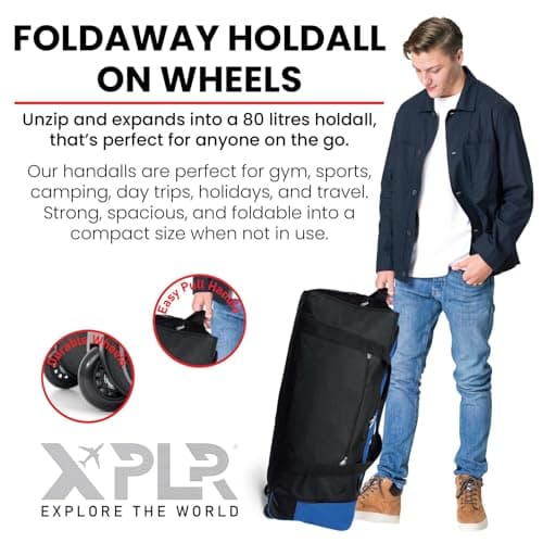 XPLR Foldaway Holdall with Wheels – Lightweight 80L Travel Bag with Durable Wheels, Pull Handle & Shoulder Strap – Foldable Luggage for Gym, Hiking, Camping, Holidays & Travel – Compact & Spacious — view 3