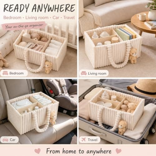 Eyoulife Diaper Caddy Organizer with Cute Bear Pendant, Soft Nappy Caddy Organiser with Removable Dividers, Portable Baby Storage Basket for Changing Table, Nursery, Car and Travel(White) — view 6