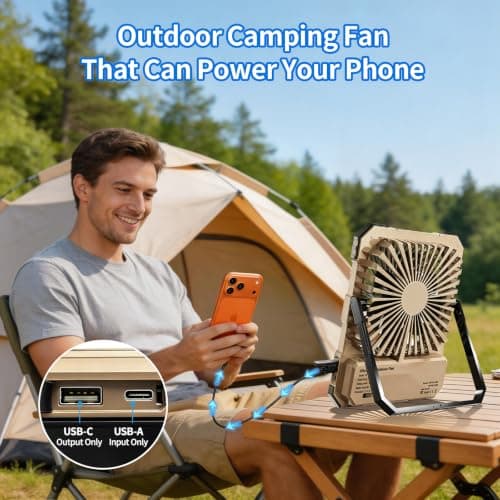 yAyusi 20000mAh Rechargeable Camping Fan, Ultra-Slim 8" Battery Powered Portable Travel Fan with Light&Remote, Maximum Battery Life of 82 Hours, Hook for Tent, Outdoor Home (Khaki) — view 4