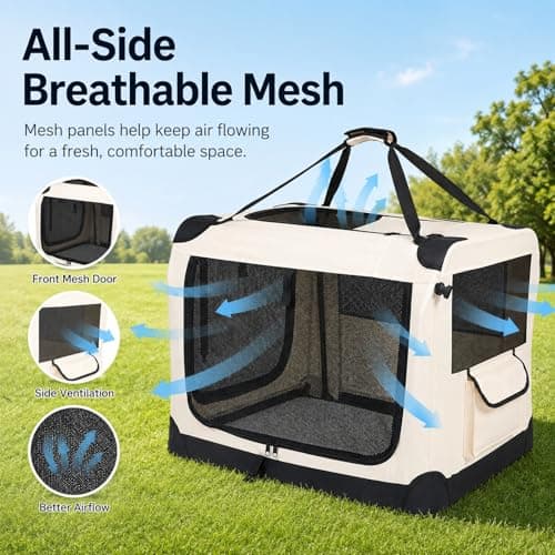 GOOGO Foldable Pet Carrier Bag for Cats & Dogs up to 12 kg, 60 x 42 x 42 cm, Soft Dog Travel Crate with Cushion, Oxford Fabric Steel Frame, 4-Side Mesh, Dog Car Carrier for Home, Camping (Beige) — view 3