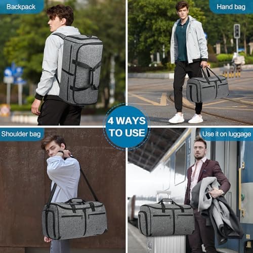 TUGUAN Convertible Garment Duffle Bags for Travel, Carry on Garment Duffel Bag Backpack for Men Women, 3 in 1 Large Suit Travel Bag with Shoe Compartment & Back Straps for Weekend Luggage, Grey — view 2